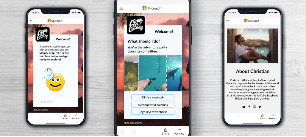 image of three phones showing text and photos from an app